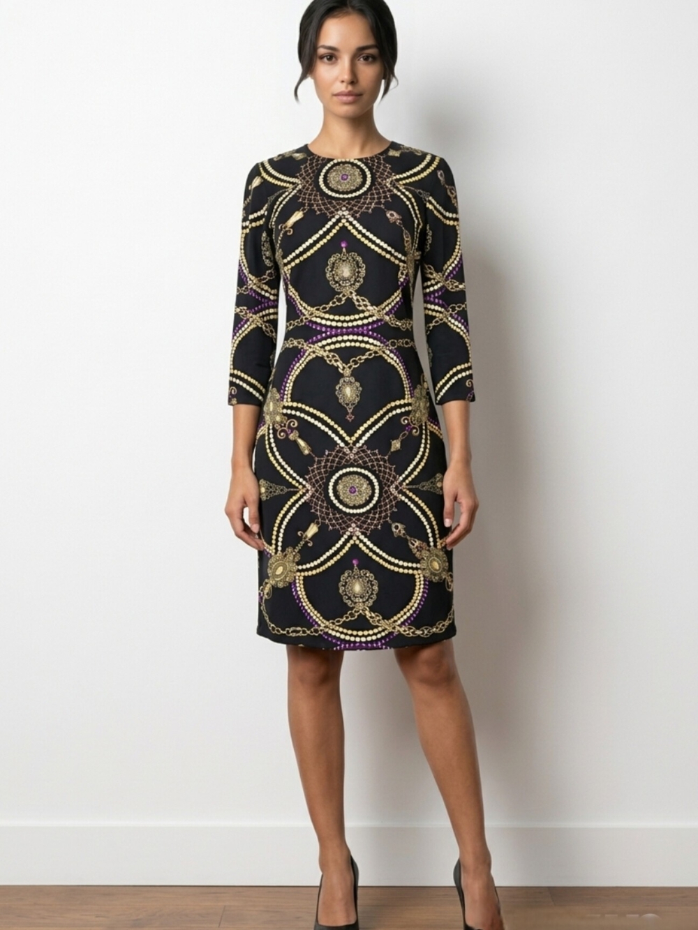 J. McLaughlin Sophia Dress Size S  Black Gold 3/4 Sleeve Catalina Cloth